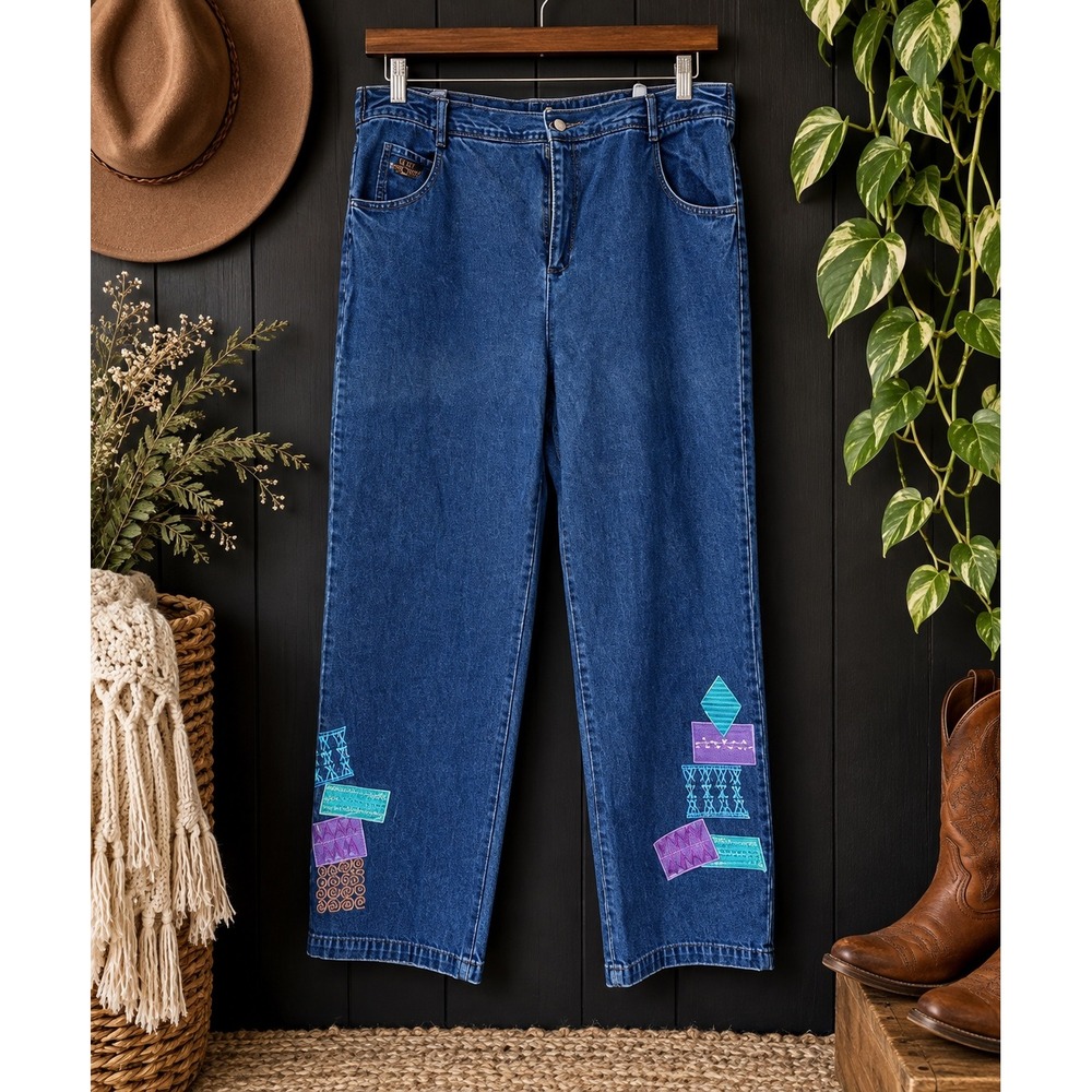 Vintage Anthony Jeans 14 Embroidered Denim 90s Artsy Boho Folk Art Patchwork